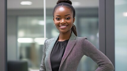 Aufkleber - A confident businesswoman poses in a modern office setting, showcasing professionalism.