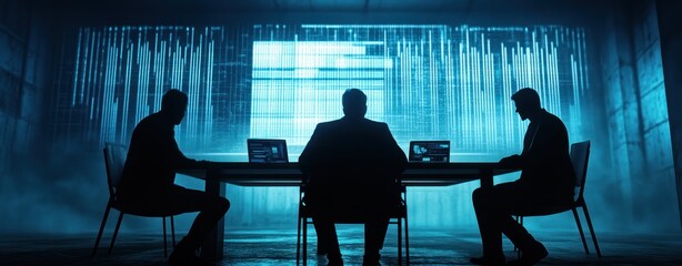 Fototapete - Silhouetted figures in a dark room with screens, suggesting a business or tech discussion.