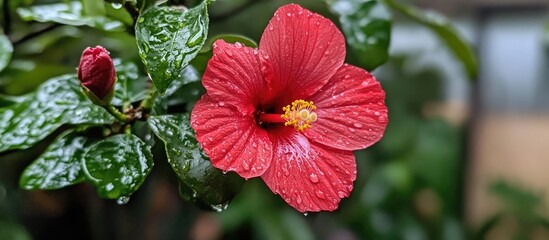 Poster - Vibrant red hibiscus flower with dew drops illuminated by morning light amidst lush green foliage in a natural setting