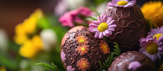 Aufkleber - Handcrafted chocolate Easter eggs adorned with floral designs surrounded by vibrant spring flowers