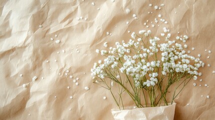 Poster - Craft packaging adorned with delicate white gypsophila flowers on textured brown paper with ample copy space for creative text design.