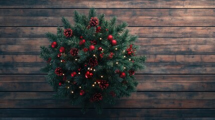 Wall Mural - Christmas tree decorated with red ornaments on wooden background from above view festive seasonal imagery