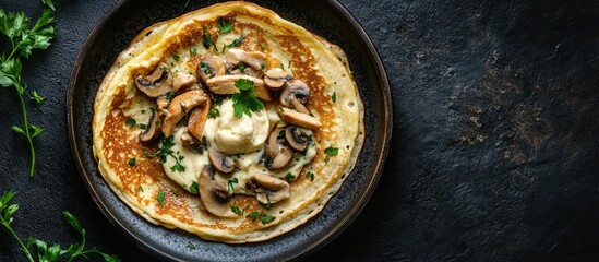 Poster - Homemade crepes topped with creamy mushroom chicken sauce garnished with fresh herbs and cheese on a dark background top view presentation