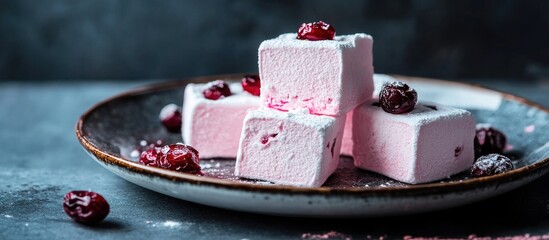 Aufkleber - pink marshmallows with cranberries arranged on a plate against a dark backdrop highlighting textures and colors for dessert features