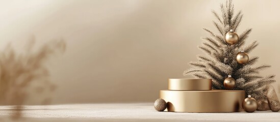 Aufkleber - Elegant Christmas tree with festive ornaments and podiums on a soft light background creating a warm holiday atmosphere