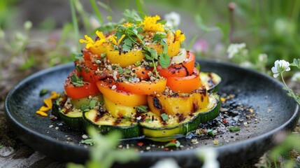 Aufkleber - Grilled vegetable dish featuring sweet peppers zucchini and herbs displayed beautifully in a natural setting with fresh greenery.