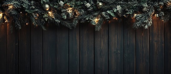 Wall Mural - Christmas tree branches decorated with garlands and lights on a rustic wooden background festive holiday theme New Year celebration decor