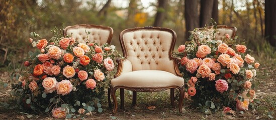 Poster - Elegant vintage chairs surrounded by lush pink roses for outdoor ceremony attendees in a serene natural setting.