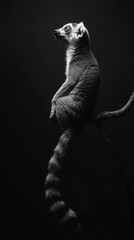 Aufkleber - A monochrome image of a lemur perched on a branch, showcasing its profile and distinctive tail.