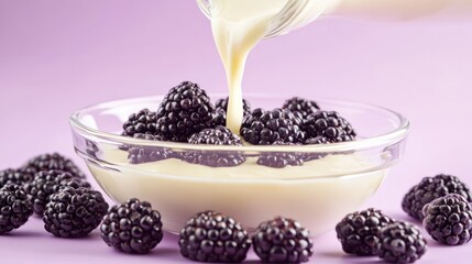 Poster - A bowl of blackberries with a creamy sauce being poured over them on a pastel background.