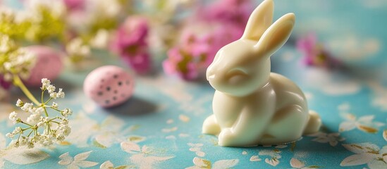 Poster - Easter decoration featuring a delightful white chocolate bunny surrounded by flowers and pastel eggs on a vibrant blue surface