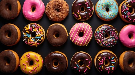 Poster - assorted gourmet donuts with vibrant icing and toppings on a black background showcasing variety and tempting sweetness