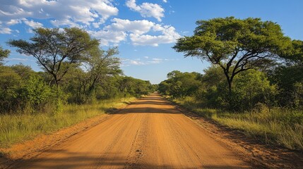 Aufkleber - Dirt Road Through Lush Green Trees Under Bright Blue Sky in Tranquil Natural Landscape