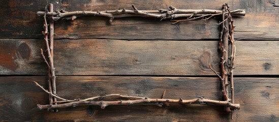 Poster - Natural wooden frame made of fir branches on rustic wood surface creative flat lay background composition