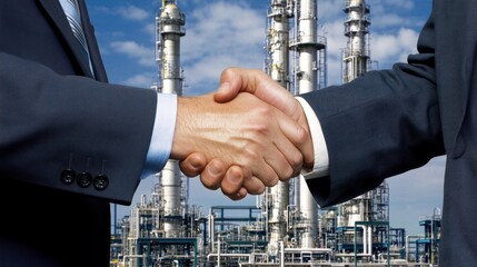 Aufkleber - Two business professionals shaking hands in front of an industrial facility.