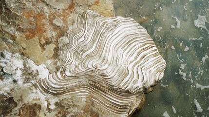 Aufkleber - Textured rock formation with distinctive white lines on coastal shore contrasting against clear water and natural surroundings