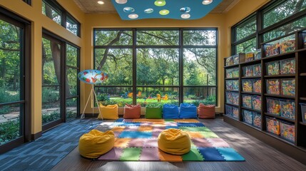 Aufkleber - A colorful children's reading nook with bean bags and large windows overlooking greenery.