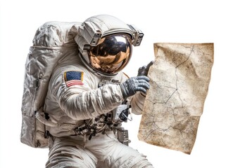 Aufkleber - An astronaut examines a map, suggesting exploration or navigation in space.
