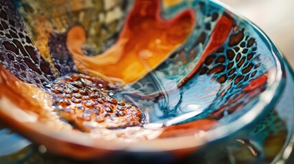 Aufkleber - Vibrant ceramic dish with intricate glaze patterns highlighting artistic craftsmanship and color richness ideal for culinary presentations