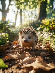 Poster - A cute hedgehog stands on a forest path surrounded by greenery and fallen leaves.