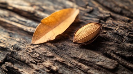 Aufkleber - Dipterocarpus seed resting on a leaf atop textured wood showcasing nature's details in selective focus and shallow depth of field