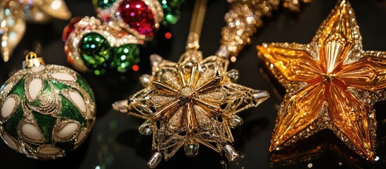 Poster - Elegant Christmas ornaments showcasing intricate designs and vibrant colors on a reflective surface capturing the festive spirit of the holiday season