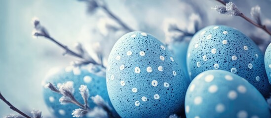 Aufkleber - Vintage Easter eggs in shades of blue decorated with white patterns surrounded by delicate branches on a soft toned background