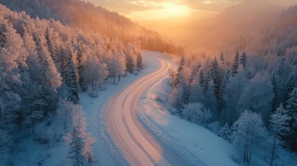 Aufkleber - Winding country road through snowy fir trees in mountain valley at sunset Winter landscape showcasing serene nature ambiance