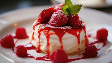 Poster - Vibrant raspberry dessert topped with cream and mint leaves showcasing elegance and indulgence for culinary delights and appetizing presentations.