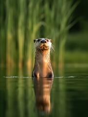 Aufkleber - An otter emerges from water, showcasing its playful demeanor against a lush green backdrop.