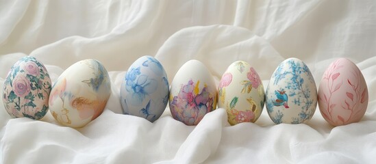 Aufkleber - Decorative decoupage Easter eggs with floral designs arranged on a silky white fabric background for spring celebrations and crafts