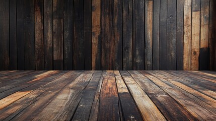 Poster - vintage rustic wooden interior background with dark stained floor and wall perfect for photography or design projects