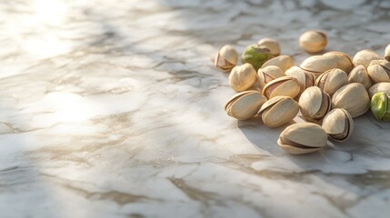 Aufkleber - Raw pistachios scattered on a marble surface showcasing natural agriculture and organic farming practices in an appealing light.