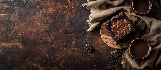 Aufkleber - Chocolate cake served on a rustic table with coffee cups and brown fabric for a cozy dessert scene.