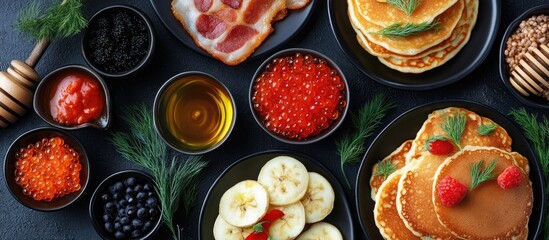 Poster - Traditional cuisine featuring pancakes with caviar bacon honey and blini arranged aesthetically with toppings and fresh ingredients on a dark background