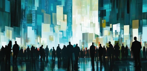 Leinwandbilder - A crowd of silhouetted figures stands before a vibrant, abstract cityscape.