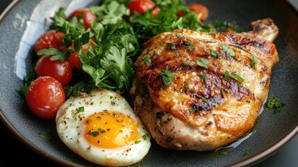 Poster - Grilled Chicken Thigh with Fried Egg and Fresh Vegetables on a Plate