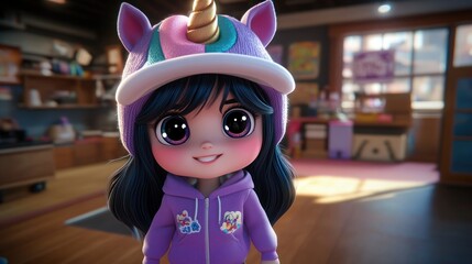 Poster - A cute animated character with a unicorn hat and hoodie smiles in a colorful indoor setting.