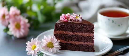 Aufkleber - Chocolate cake slice on a plate accompanied by tea and flowers in a serene setting highlighting fresh and healthy indulgence