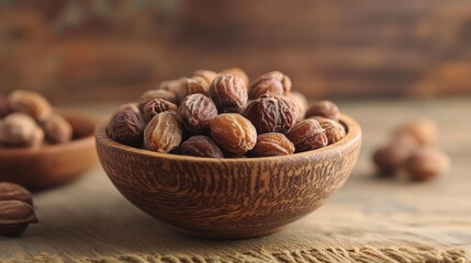 Poster - Delicious and nutritious dried fruits in wooden bowl perfect for healthy snacking and culinary uses on rustic kitchen background