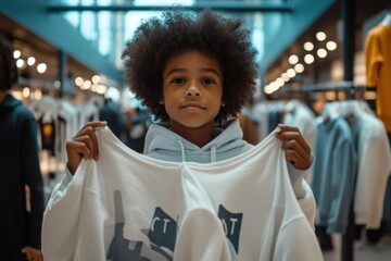 Poster - A young person holds up a hoodie in a trendy clothing store, showcasing fashion.