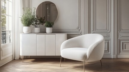 Poster - A modern, minimalist interior featuring a white chair, cabinet, and potted plants.