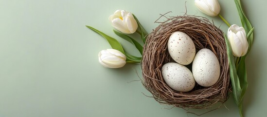 Poster - Decorative Easter eggs in a nest with tulips on a light green background showcasing springtime celebration and festive creativity