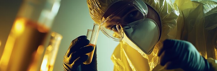 Aufkleber - A scientist in protective gear examines a test tube in a laboratory setting.