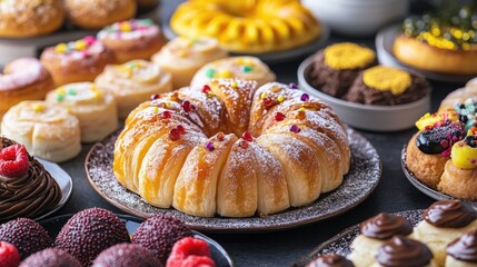 Poster - Colorful assortment of exquisite desserts featuring pastries cakes and treats showcasing textures flavors and visual delight in a vibrant display
