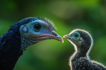 Poster - A close-up of a peacock and its chick, showcasing their expressions and connection.