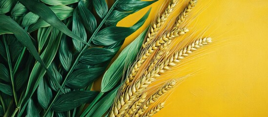 Poster - Yellow and green table decoration set featuring wheat and tropical leaves against a vibrant yellow background