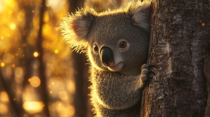Poster - A close-up of a koala clinging to a tree, illuminated by warm, soft sunlight.