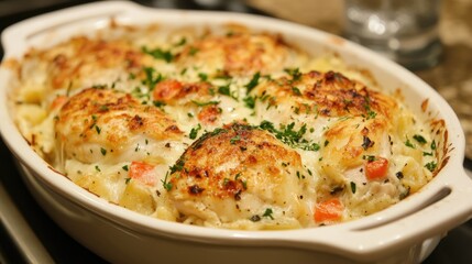 Poster - Baked chicken and potatoes casserole with creamy sauce and herbs in a white dish garnished with parsley