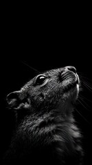 Aufkleber - A close-up, monochromatic portrait of a squirrel gazing upwards against a dark background.
